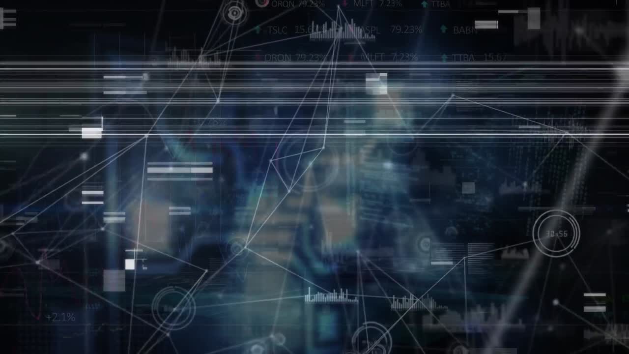 animación de fallo en diversos datos y red de conexiones que giran sobre fondo negro
