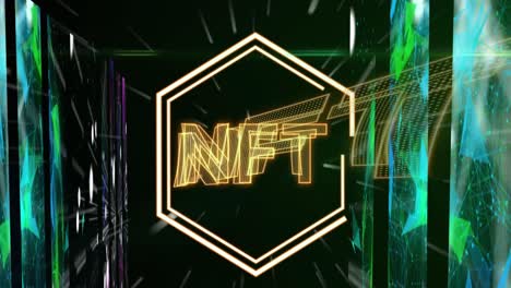 testo nft su forma esagonale contro schermi di reti di plesso su sfondo nero