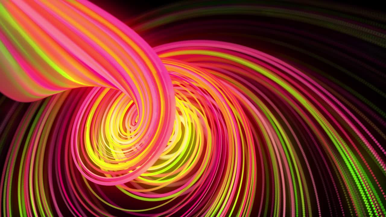 빛의 흐름: 4k에서 추상적인 루프 배경, 빛의 흔적, 공간에서 녹색, 빨간색, 노란색, 네온 선의 흐름은 나선형 모양을 형성하기 위해 움직입니다.