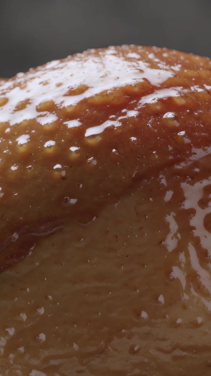 Vertical video: Light shift causing glazed poultry skin shining in pan in kitchen, with glaze drops