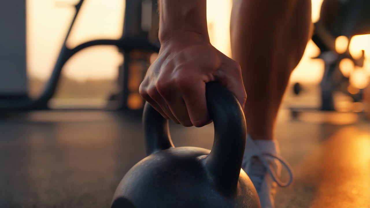 Person Grabbing a Kettlebell in a Gym at Sunrise/Sunset