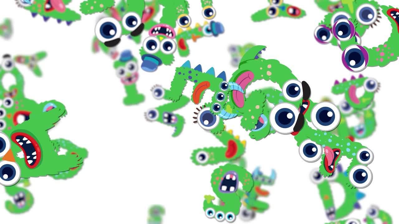 Colorful monster-like letters tumble playfully on a white background, creating a lively and whimsical visual experience