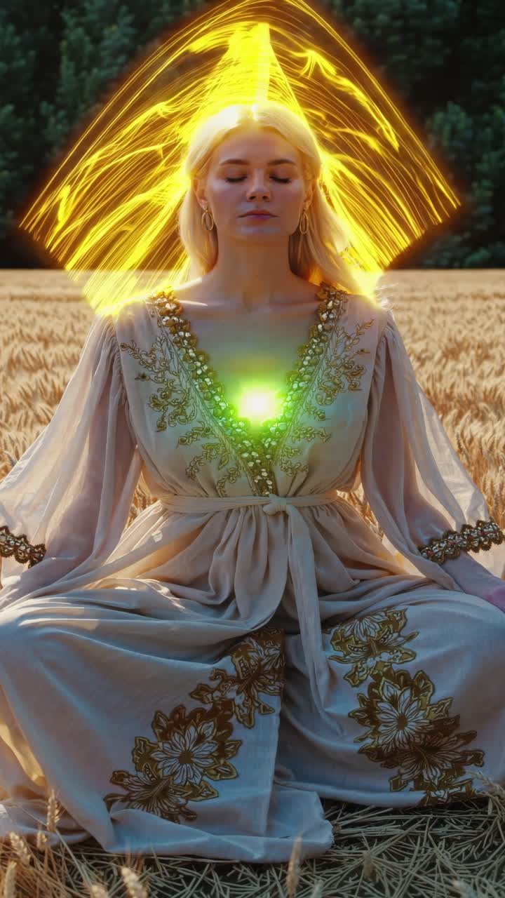 Blond woman wearing a long embroidered dress meditating in a wheat field with her eyes closed, emitting a bright green light from her chest, surrounded by a golden aura