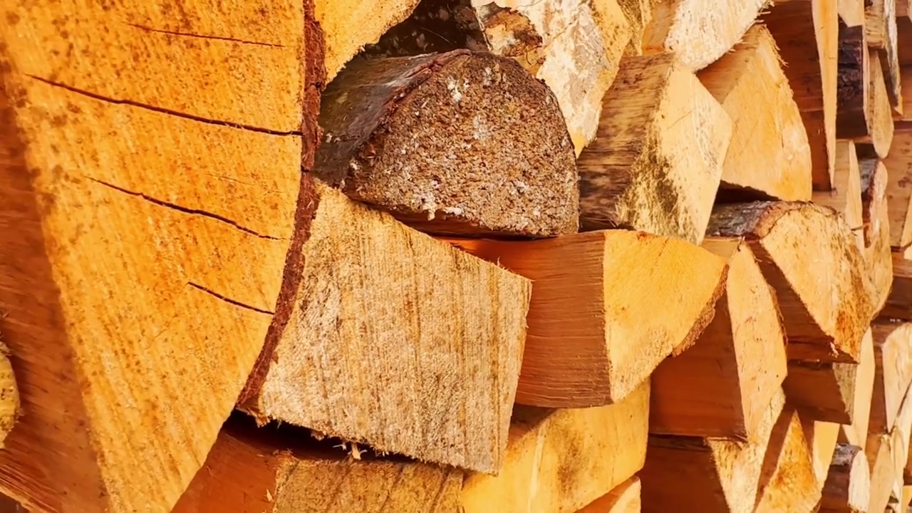 Close-up of split firewood stacked in warm sunlight, showing bark, cut grain, dry log faces, and a rustic household heating supply.