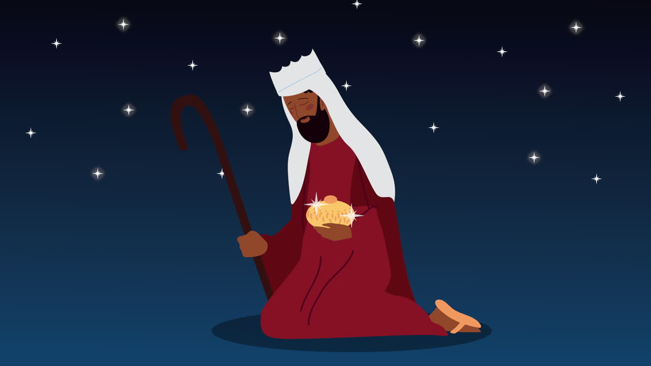 un pastor se arrodilla en adoración del bebé jesús