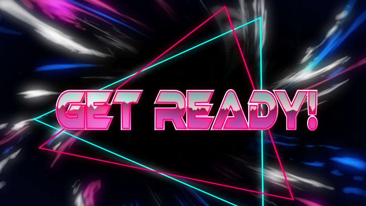 준비해! 네온 기하학적 모양과 동적 배경 위의 텍스트 애니메이션