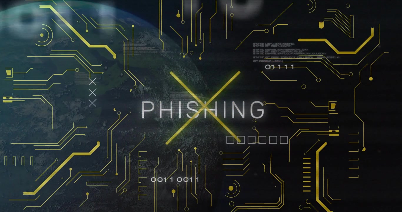 Testo con effetto glitch che si trasforma da PHISNQVO in PHISHING, mostrando una minaccia di phishing su una griglia di circuiti terrestri.