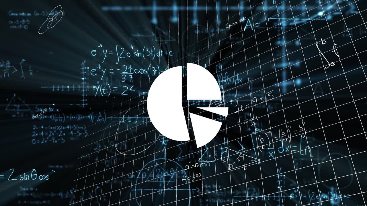 검은색 바탕에 과학적 데이터, 그래프 및 수학 공식이있는 디지털 화면의 애니메이션