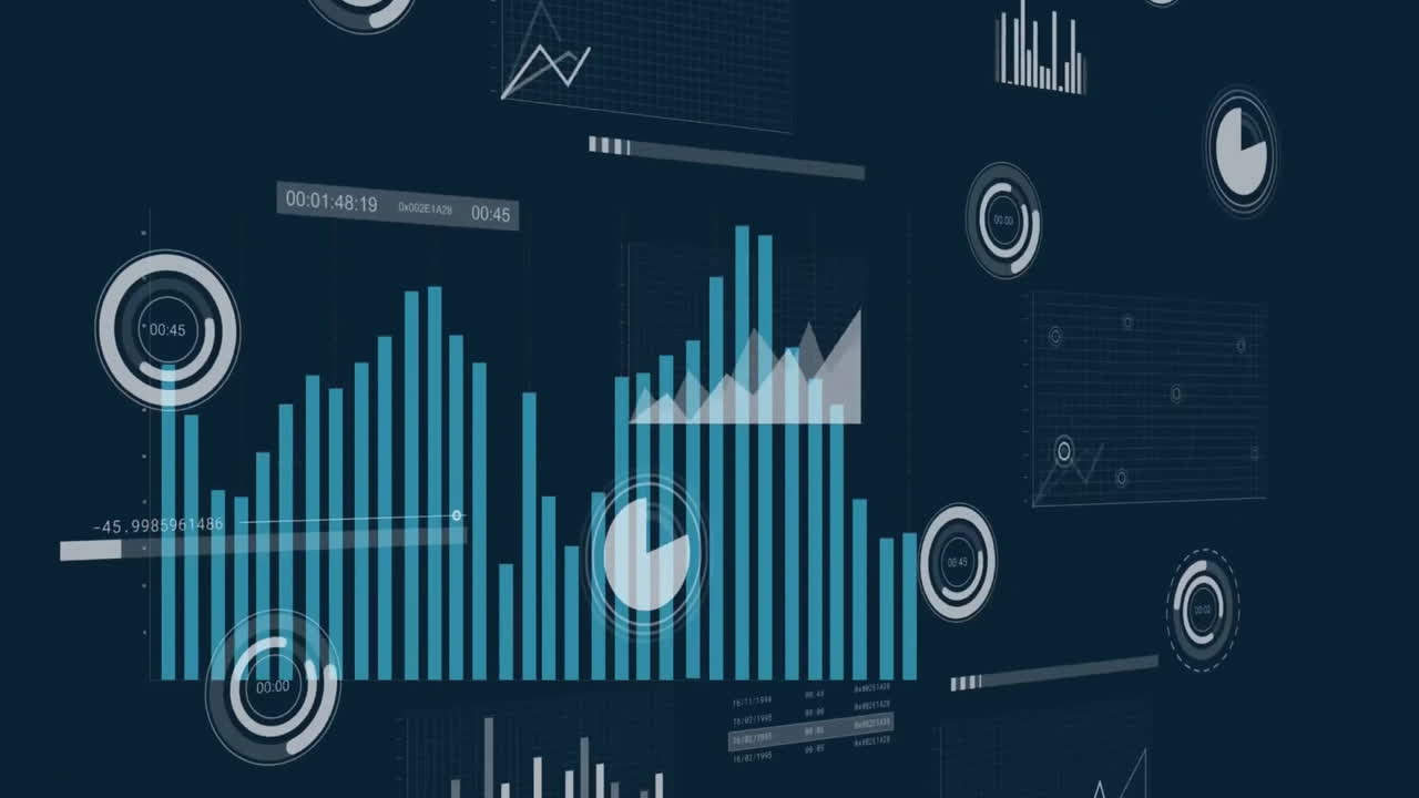 animación de diagramas y procesamiento de datos sobre fondo negro