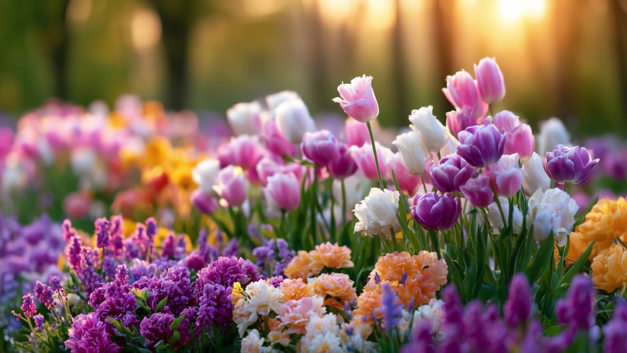 A Vibrant Display of Tulips and Wildflowers with a Soft Golden Sunset in the Background, Capturing the Essence of Spring's Beauty