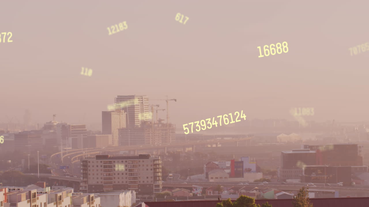 animación de números y procesamiento de datos sobre el paisaje urbano