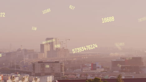 Animation of numbers and data processing over cityscape