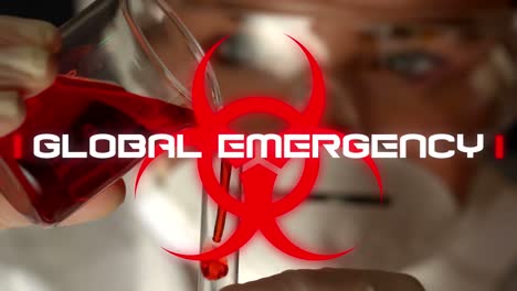 animación de la palabra emergencia global con un trabajador de la salud en el fondo durante la pandemia de coronavirus