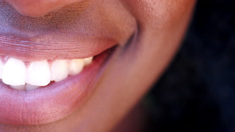 un lado de la boca cerrada de una mujer negra sonriente, detalle