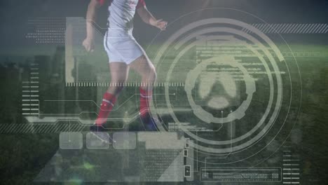 Animación-De-Procesamiento-De-Datos-Diversos-Sobre-Las-Piernas-De-Un-Jugador-De-Fútbol-Caucásico-Sobre-El-Paisaje-Urbano