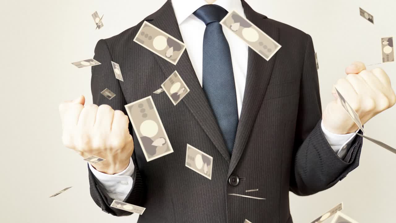 사업가들과 돈이 공중에 날아다니고 있습니다.