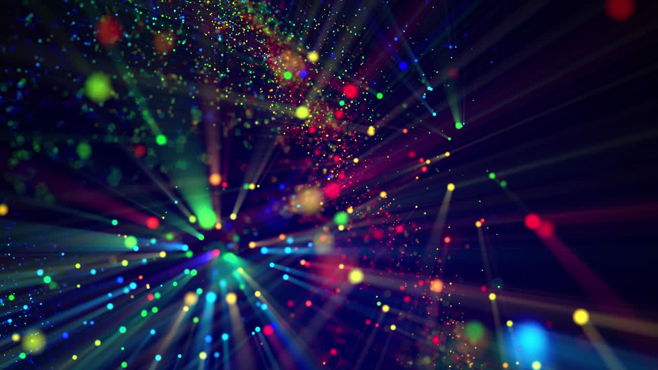 마법의 입자가 액체에 떠다니며, 레이저 쇼와 같은 광선, 조명 효과 및 보케, dof, 빛나는 다채로운 입자가 물 에서 구름을 형성합니다.