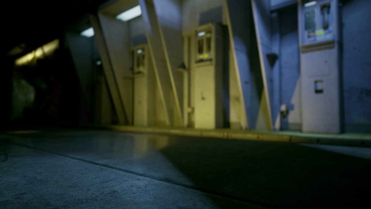 Visual exploration of an urban corridor with retro phone booths at night