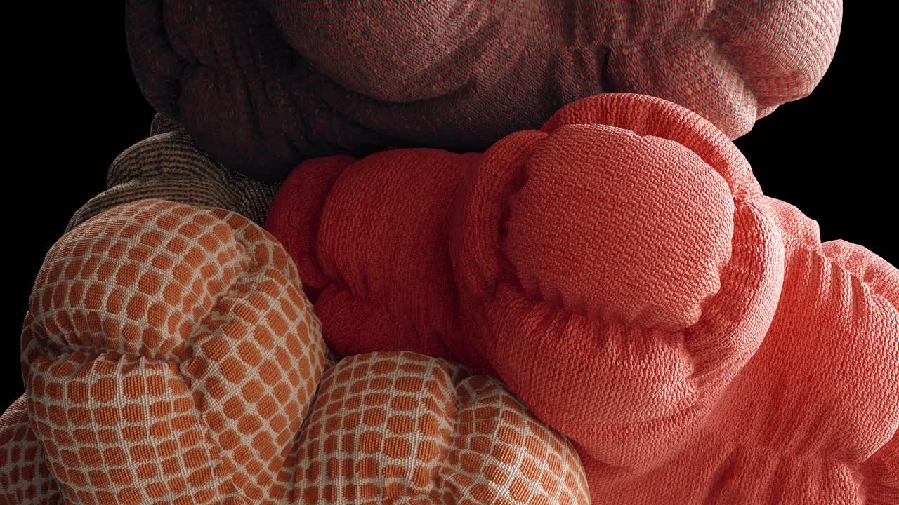 Heap of soft bodies spinning around. 3d animation