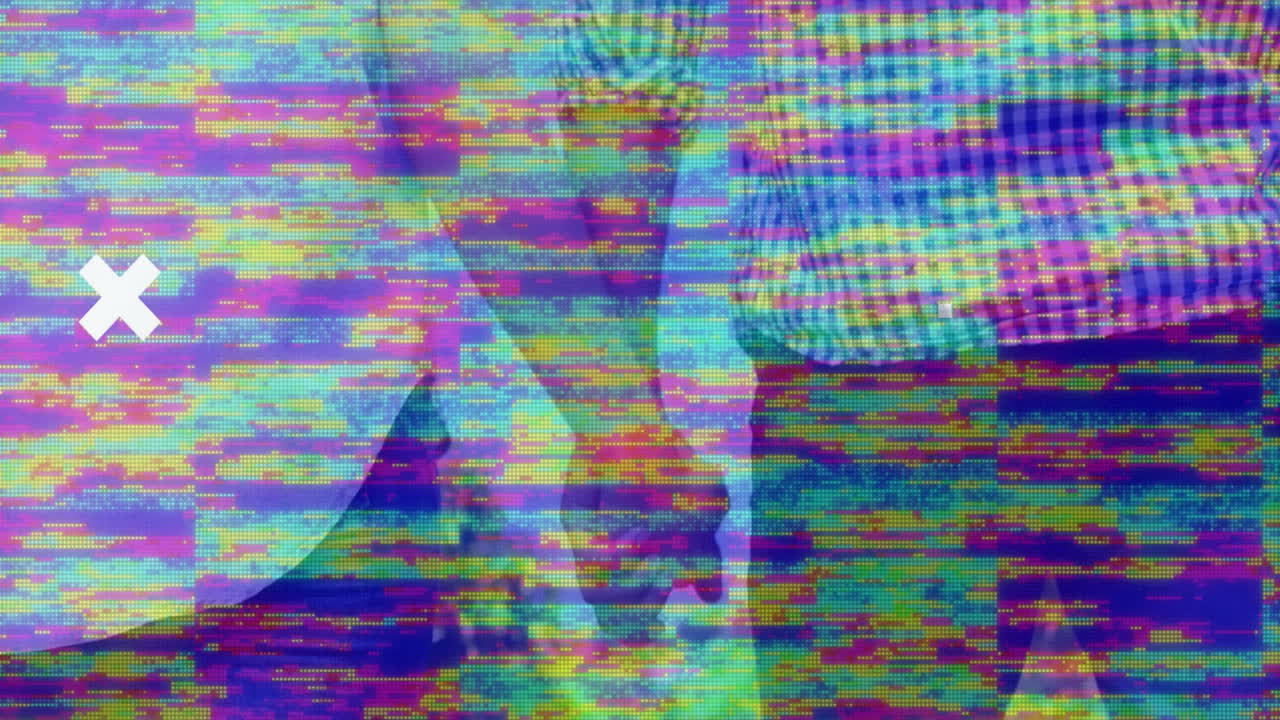 Animation with colorful glitch effect, abstract patterns, and white X shapes overlay