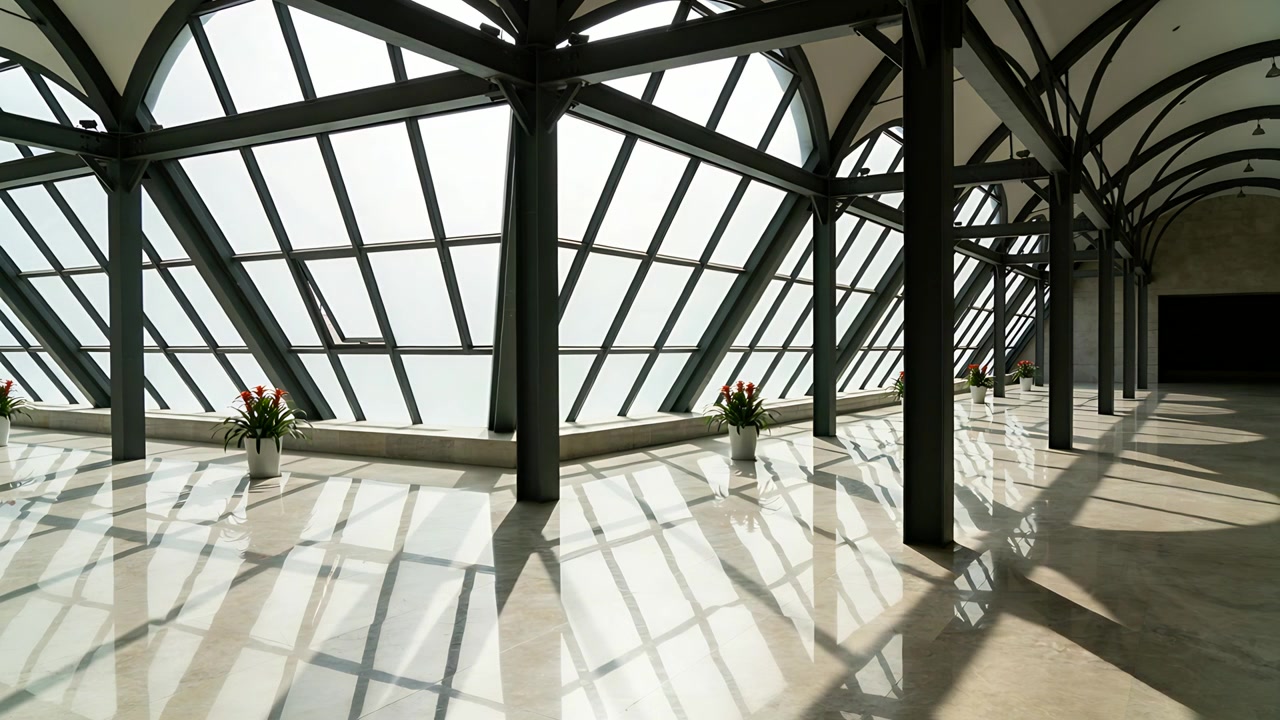 Luz solar cambiante proyectando sombras en forma de cuadrícula por el suelo del atrio, con una claraboya arqueada y dos macetas.