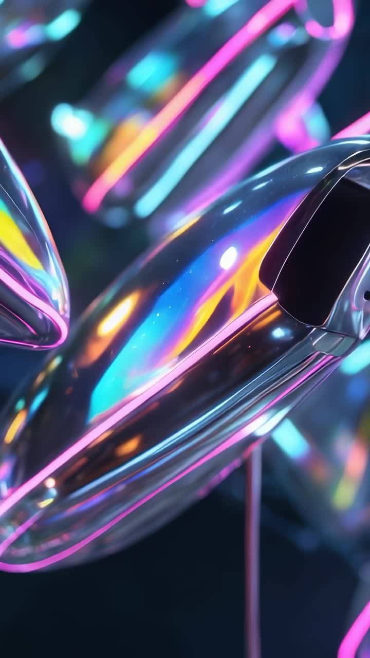 Vertical video: Panning camera showing chrome teardrop sculptures in 3D studio for neon reflections