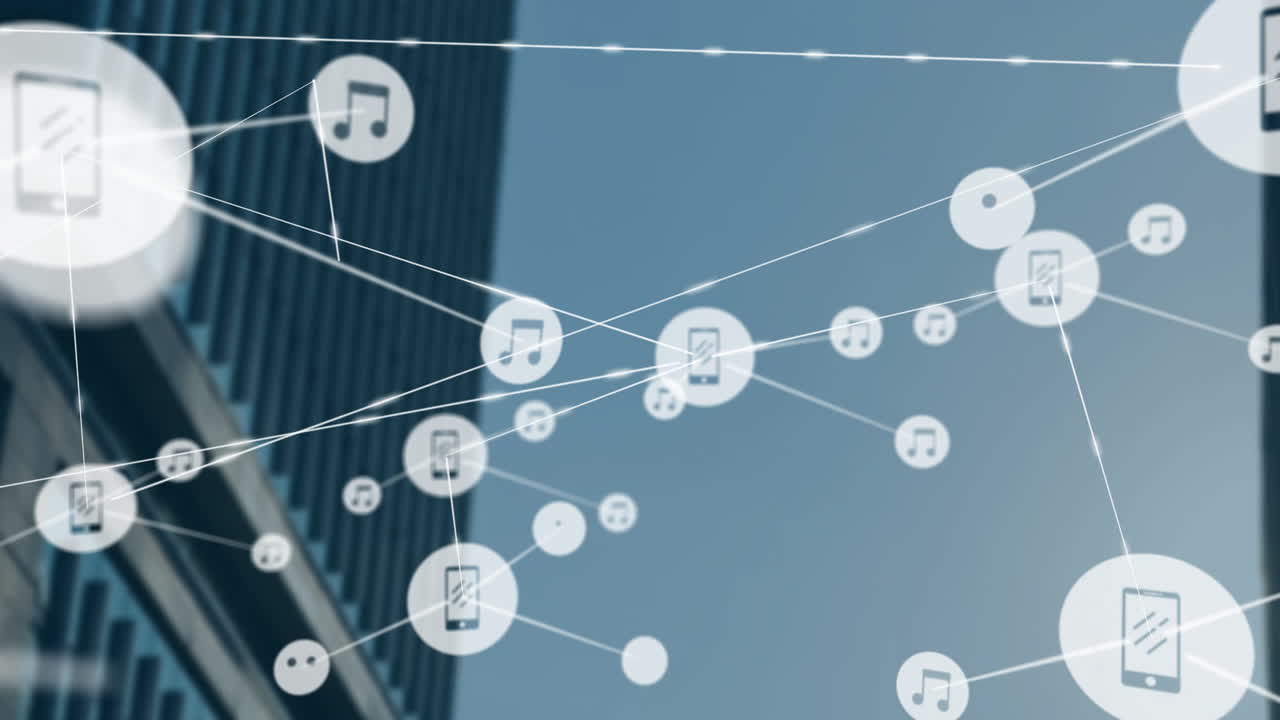 Network of music and smartphone icons animation over cityscape background