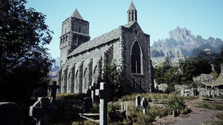 Chiesa in pietra in un cimitero, con un castello medievale sullo sfondo