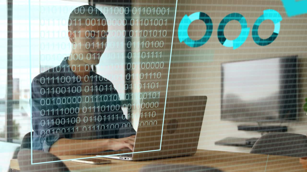 Man opening laptop and typing in office, producing evolving holographic charts and analysing data