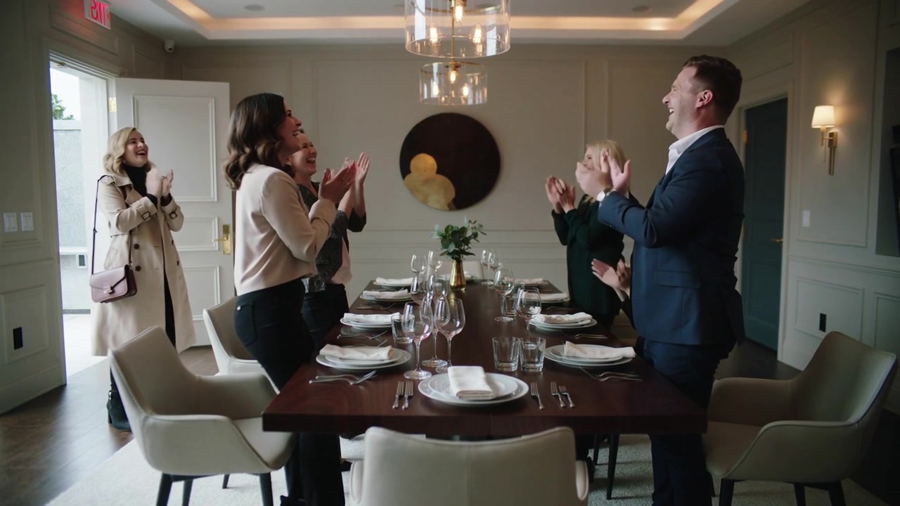Opening door, woman in trench coat with bag walking into dining room, guests clapping welcoming