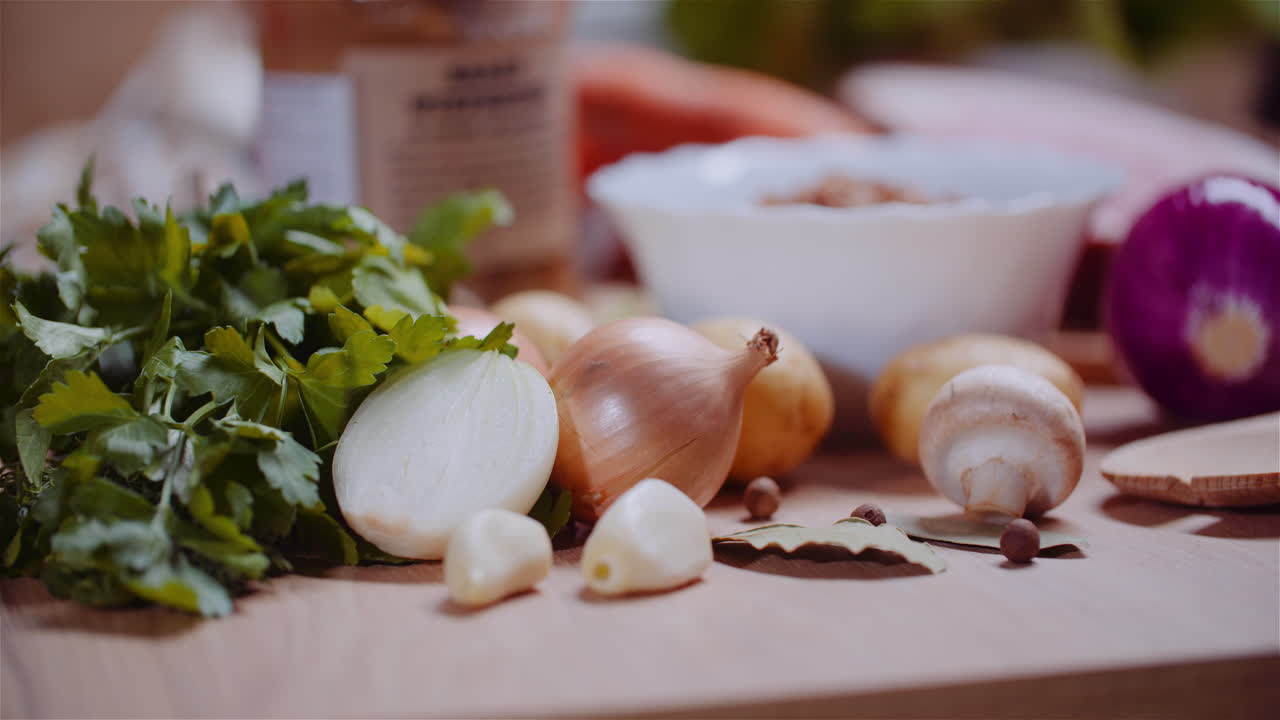 Fresh Food Ingredients On Wooden Table In Kitchen 17