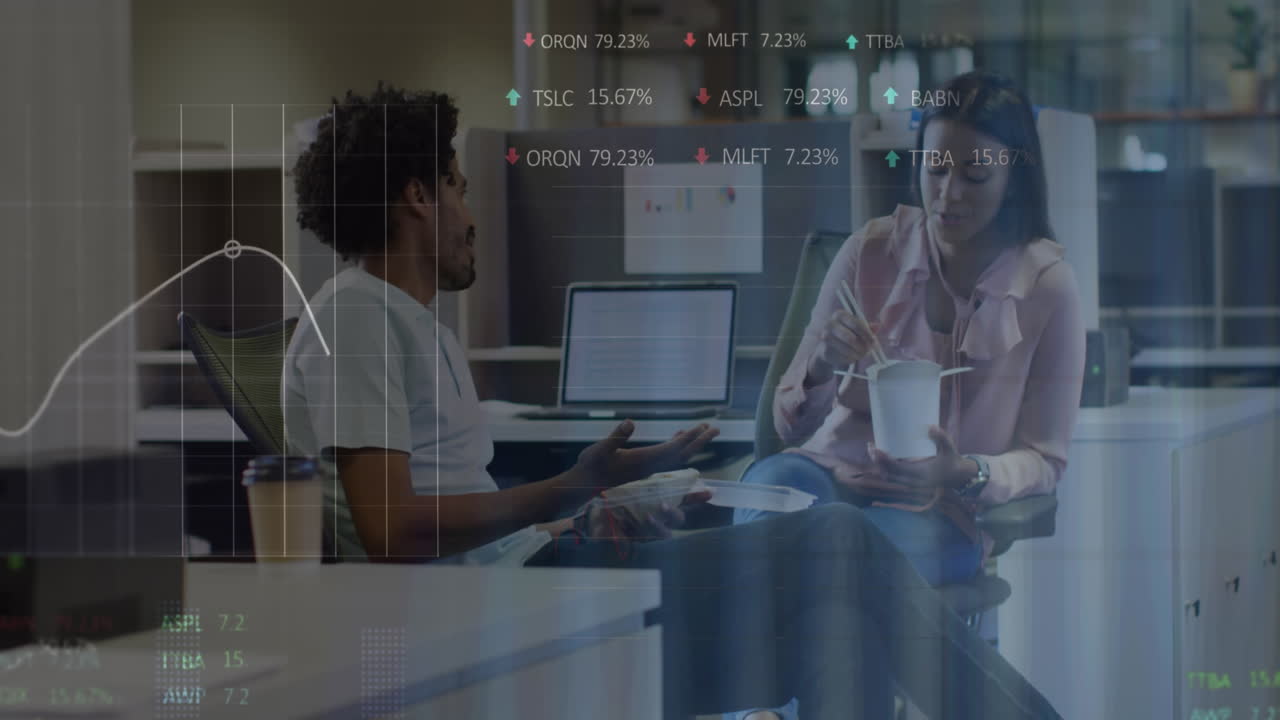 Animation of financial data processing over diverse business people in office