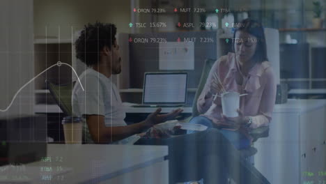 animation of financial data processing over diverse business people in office