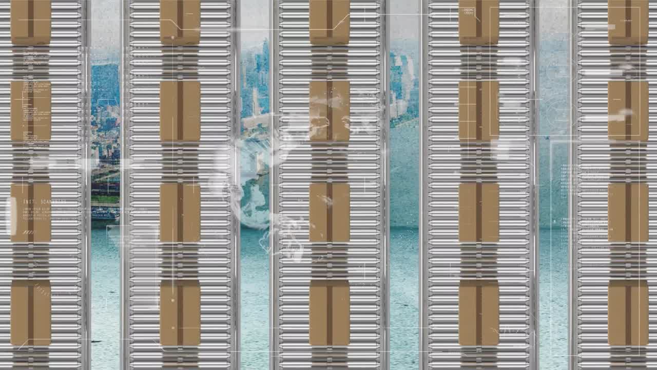 animación del procesamiento de estadísticas sobre cajas de cartón en cintas transportadoras