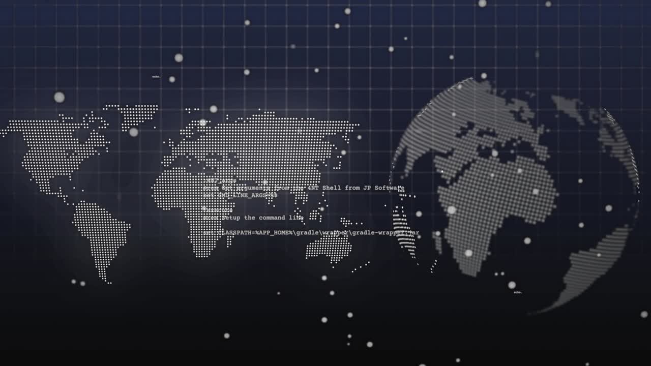 On load dotted globe rotating, flat map staying still, code sliding, dots drifting showing data