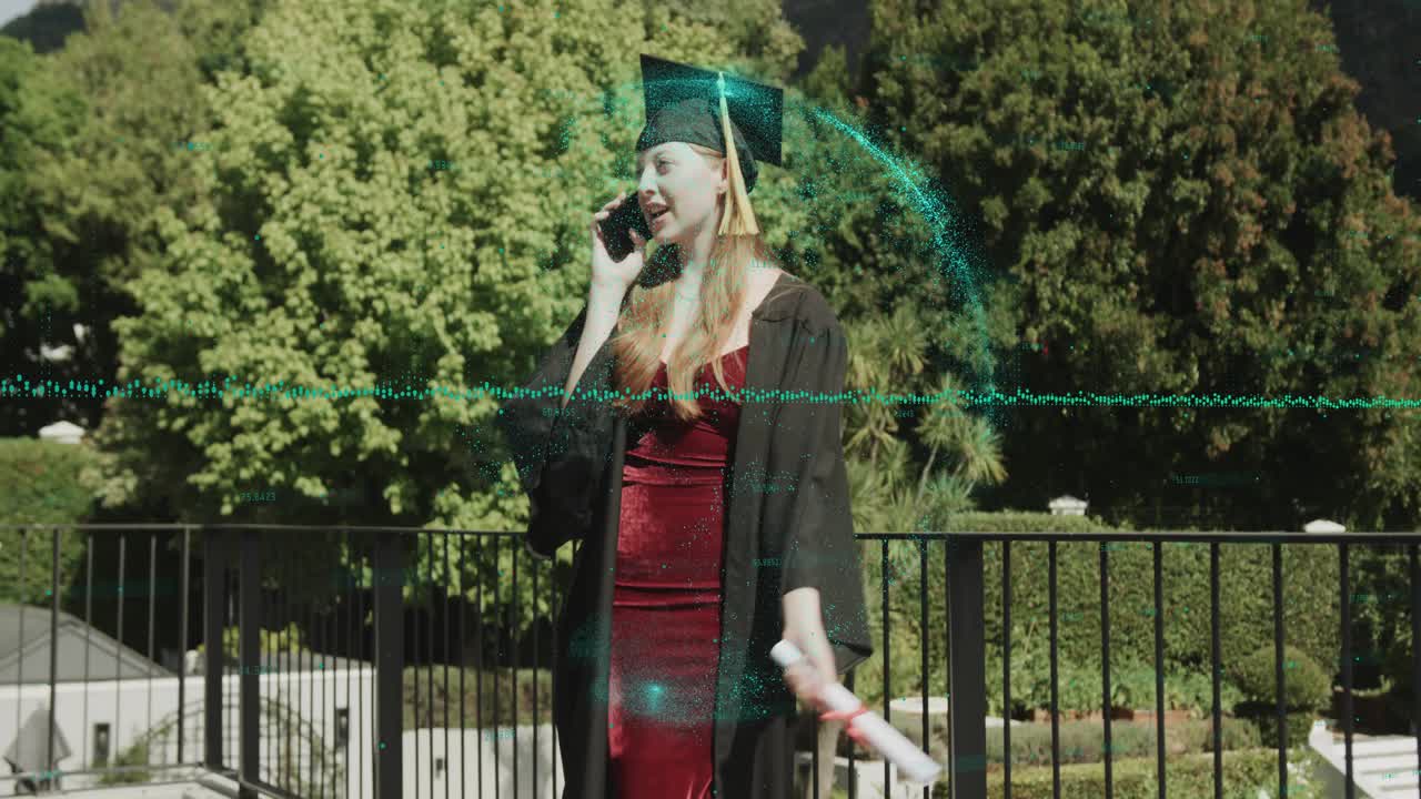 Woman taking graduation phone call on roof with diploma talking while teal arc glitching around her