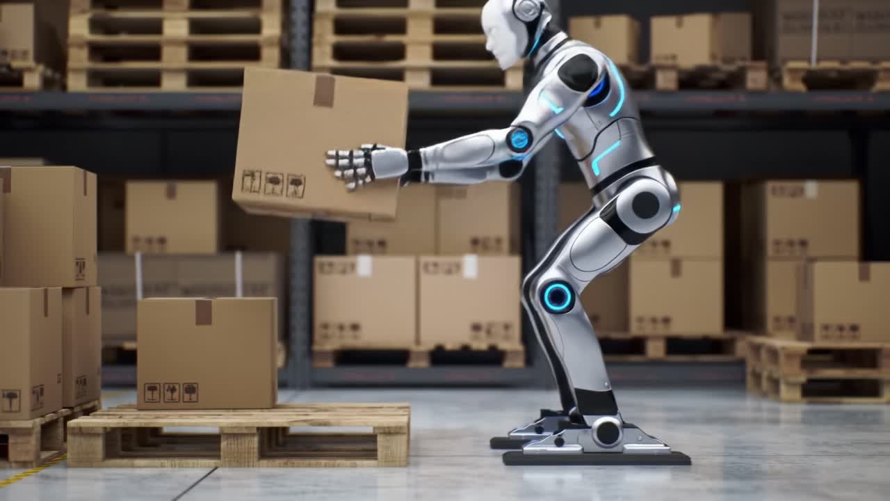 An Advanced Robotic Assistant Efficiently Manages Box Handling in a Modern Warehouse Environment Demonstrating Automation and Precision in Logistics Operations