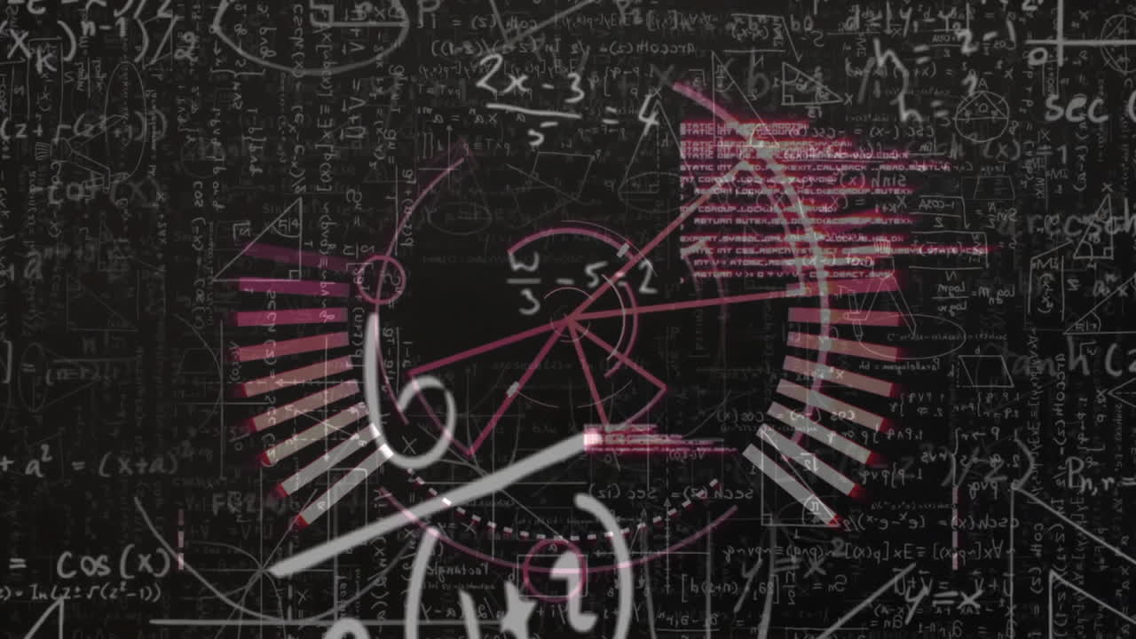핑크색 원형 스캐너의 애니메이션과 어두운 배경에 수학적 방정식이 있는 데이터