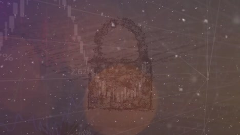 갈색 배경에 빛, 데이터, 그래프 및 디지털  ⁇ 락의 애니메이션