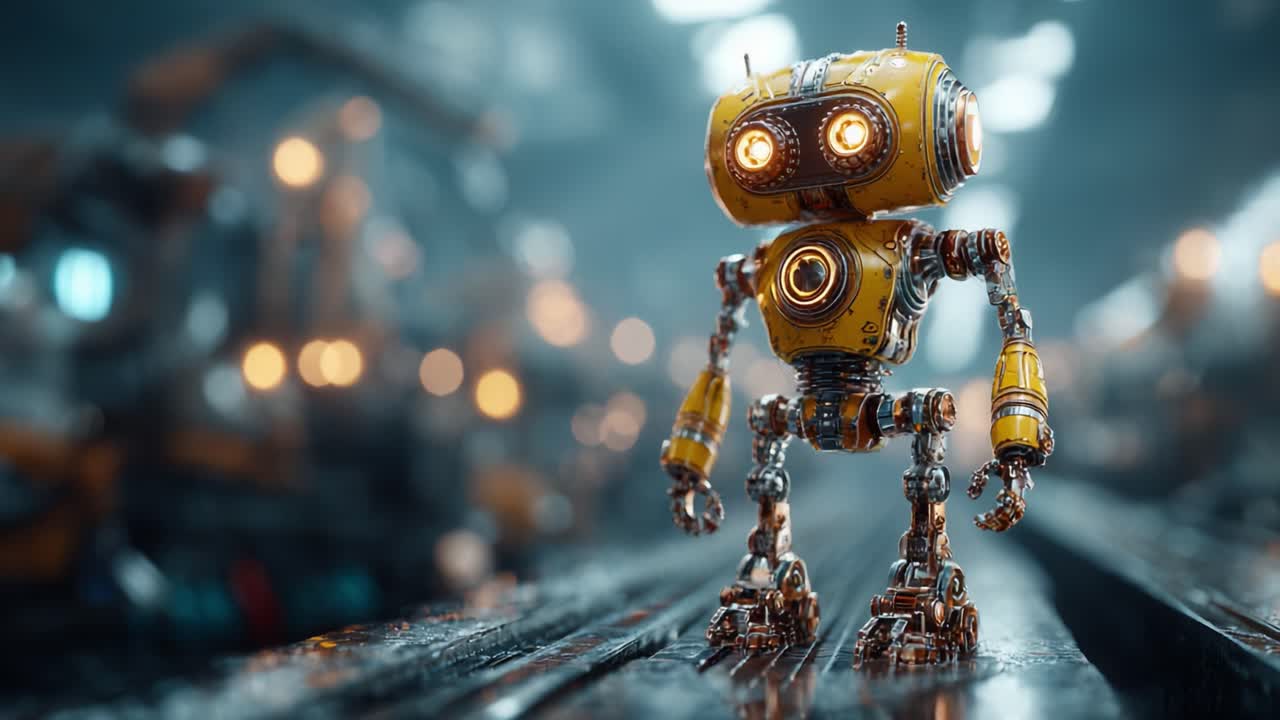 Un affascinante compagno meccanico: un adorabile robot giallo si erge sul pavimento di una fabbrica futuristica, mettendo in mostra un design intricato e un'illuminazione calda in un ambiente high-tech