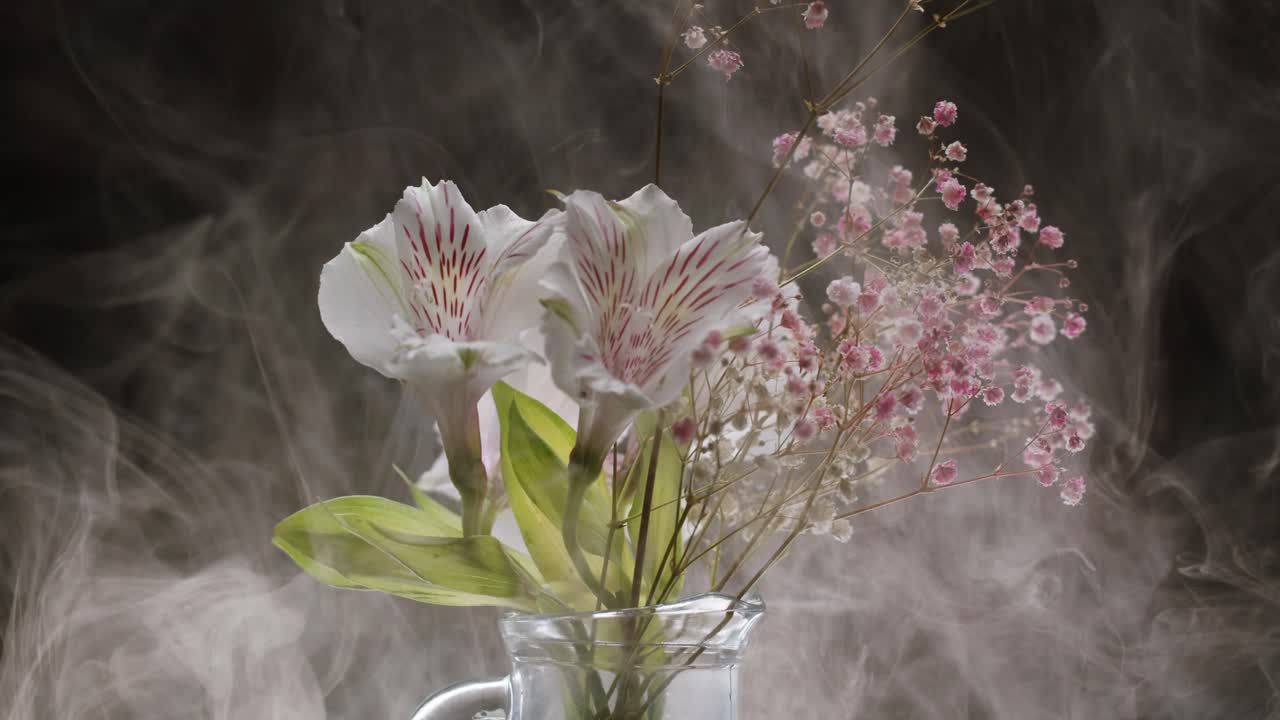 Delicate Alstroemeria and Gypsophila Bouquet in Swirling Smoke