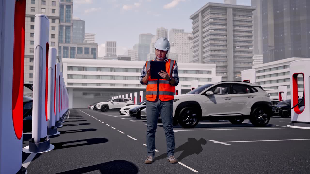 ヘルメットを着用したアジア人男性エンジニアが、タブレットで作業しながら立っている全身像、現代的な都市型充電ステーションで充電中の電気自動車。
