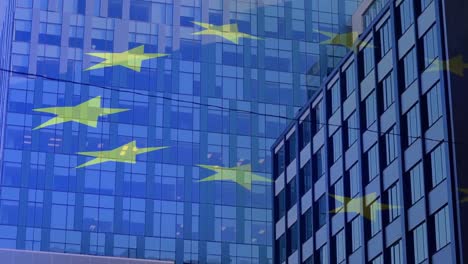 Animation-of-flag-of-european-union-over-high-rise-buildings-in-modern-city