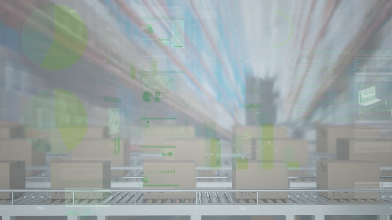 animación del procesamiento de estadísticas sobre cajas de cartón en cintas transportadoras en el almacén