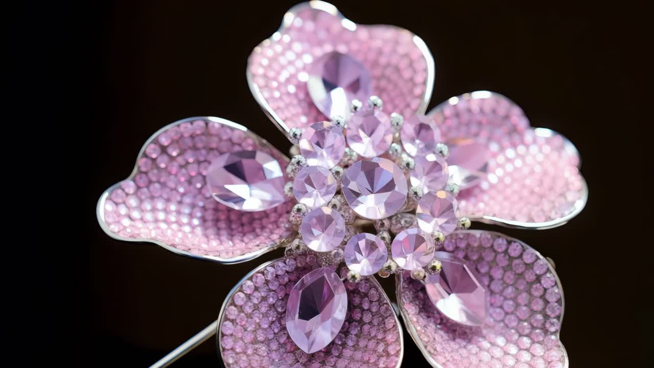 Delicate pink flower brooch adorned with glittering crystals rotating gracefully, revealing intricate design and sparkling elegance against dark sophisticated background