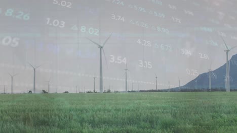 animation of data processing over wind turbines and countryside landscape