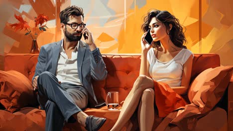 young man and woman engaged in a phone conversation on a cozy sofa