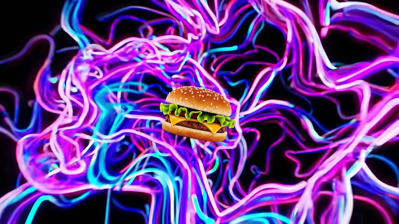 hamburguesa vibrante girando y flotando en luz de neón surrealista, cambiando dinámicamente de azul a púrpura contra un fondo oscuro con un movimiento abstracto hipnotizante