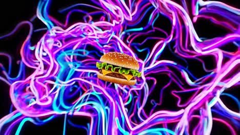 vibrant hamburger rotating and floating in surreal neon light, dynamically shifting from blue to purple against dark backdrop with mesmerizing abstract motion