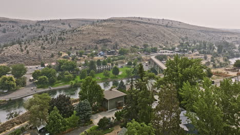 maupin oregon aerial v5 flyover riverside town with dalles-california highway bridge spanning across deschutes river capturing beautiful countryside landscape - shot with mavic 3 cine - august 2022